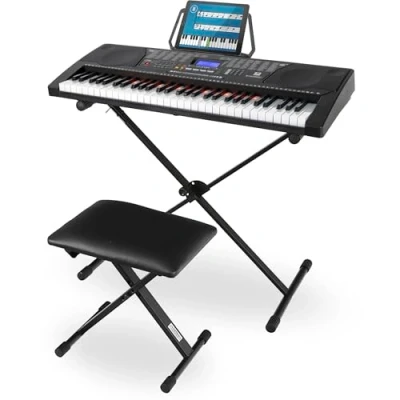 Image de McGrey LK 6150 Kit clavier 61 touches pour débutant avec lumineuses, 255 sons et rythmes, lecteur MP3 intégré, support tabouret Noir