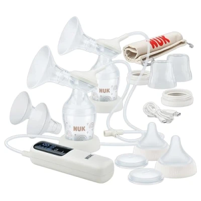Image de Double tire lait électrique NUK Soft &amp; Easy Téterelles douces 100% silicone Petit, léger et silencieux Batterie recharg. pour les trajets 24 mm 27 2 biberons Perfect Match