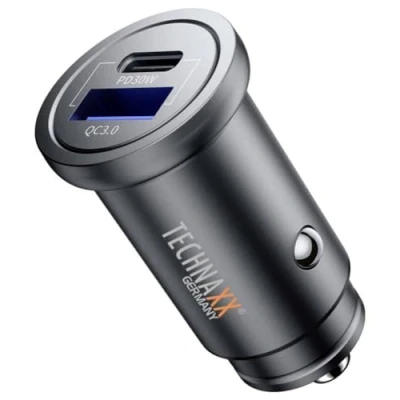 Image de Dual Car Charger Technaxx 30 W, Adaptateur Allume Cigare 2 Ports TX 305 avec Sortie Type C et USB A, PD W QC3.0, Charge Dynamique PPS, entrée 12 24 V, boîtier en métal