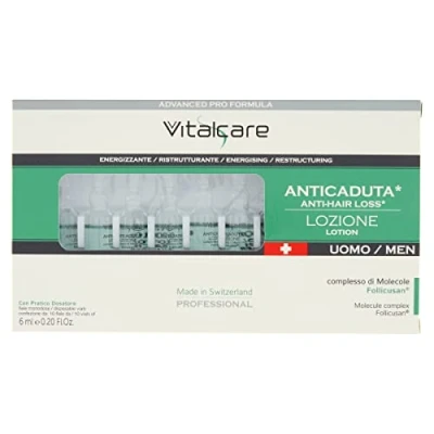 Image de Vitalcare Swiss Traitement anti chute de cheveux pour homme, énergisant, restructurant, avec complexe molécule follicusane, 10 fioles homme 6 ml, distributeur