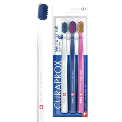 Image de Curaprox Set de brosse à dents CS 5460 Lot 3 brosses manuelles pour adultes Ultra Soft avec poils CUREN super doux Blanc, Bleu foncé, Rose