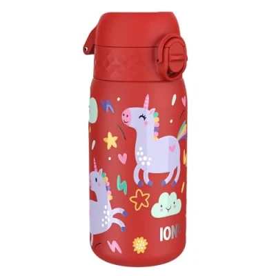 Image de ION8 Gourde Enfant Inox 400ml, Anti Fuite, Facile à Ouvrir, Verrouillage Sécurisé, Lavable au Lave Vaisselle, Poignée de Transport, Nettoyer, Durable, Acier Inoxydable, Licornes Rouge
