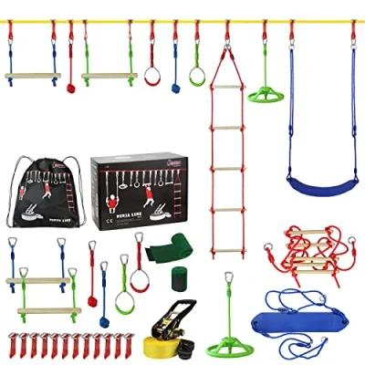 Image de ALPIDEX Enfants Ninja Slackline 15 m Obstacles Parcous Set Nœuds Echelle Corde Balançoire Échelle Escalade Accessoires Extensible Warrior Course Jardin, Stil:Max