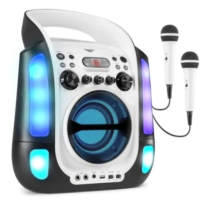 Image de Fenton SBS30W Enceinte Karaoké Portable avec 2 Microphones Blanc, Fonction Bluetooth et Effets Lumineux LED, Lecteur CD + G, Parfait pour Une Soirée Karaoké, Idéal Chanter Entre Amis