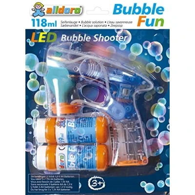 Image de alldoro Bubble Fun Pistolet LED avec 2 x 59 ML de Solution à Bulles Effets Lumineux et sonores, 60625, Multicolore
