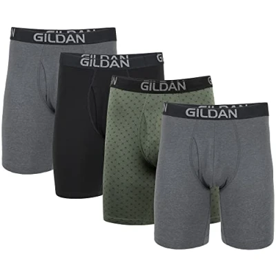 Image de Gildan Boxers en Coton Stretch Boxeur ajusté, Gris foncé chiné/Vert Minuit/Noir (Lot de 4), XL Homme