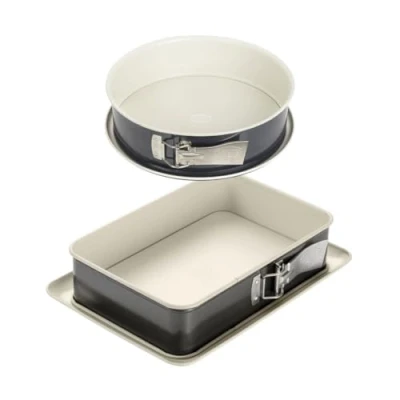 Image de Dr. Oetker 9928950 Set de 2 moules à gâteaux, Plat four, moule rectangulaire charnière, manqué, rond, Acier, Céramique, 28 x 8 cm et 18 7