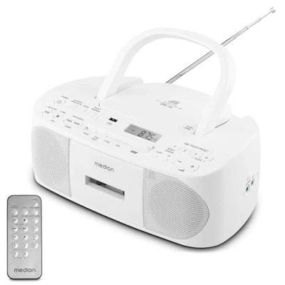 Image de MEDION Radio stéréo E65010 (Lecteur CD, Cassette, Connexion USB, entrée Audio AUX, Lecture MP3. FM PLL, mémoire 40 Stations, Fonctionnement sur Batterie, télécommande) Blanc