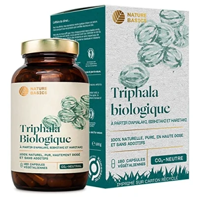 Image de Nature Basics® gélules de Triphala BIO certifiées &amp; durables en pot naturel hautement dosé à 1.500mg par dose journalière 180 testées laboratoire provenance d&#039;Allemagne