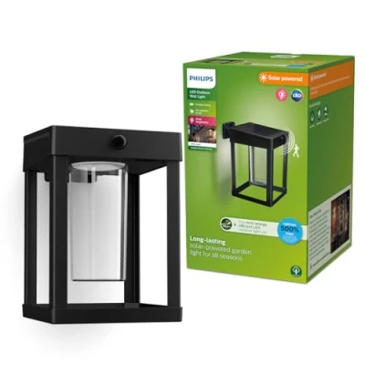 Image de Philips Camill UltraEfficient, Applique murale solaire carrée, 1,4 W, 3000 K, noire, transparente, détecteur de mouvement, IP44 résistante aux intempéries