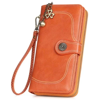 Image de RRANCharltu Portefeuille Femme Grande Capacite Cuir Porte Monnaie Elégant avec 12 Cartes y Compris 1 fenêtre d&#039;identification, Feuille pour Dames (Orange)