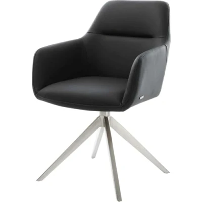 Image de Chaise pivotante Pejo Flex cuir de vache noir pied croisé large acier inoxydable brossé pivotement sur 360 fonction bascule ressorts ensachés