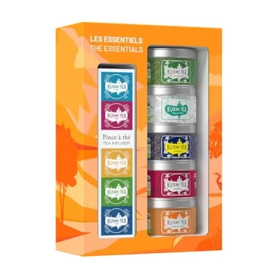 Image de Kusmi Tea Coffret &quot;Les Essentiels&quot; + Pince à Thé Assortiment de Thés Bio Idée Cadeau Homme et Femme Noirs, Verts Infusions Fabriqué en France 5 Boîtes 25g