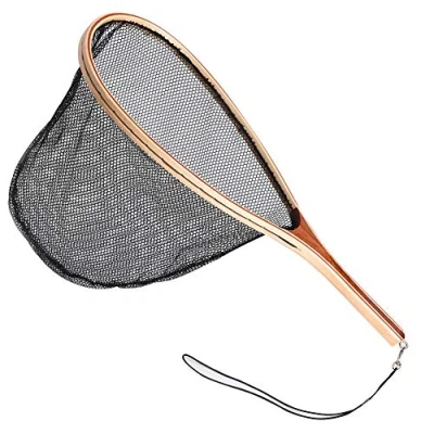 Image de Épuisette De Pêche, Poignée en Bois Caoutchouc/Maille Nylon pour Pêche à La Mouche noirNone