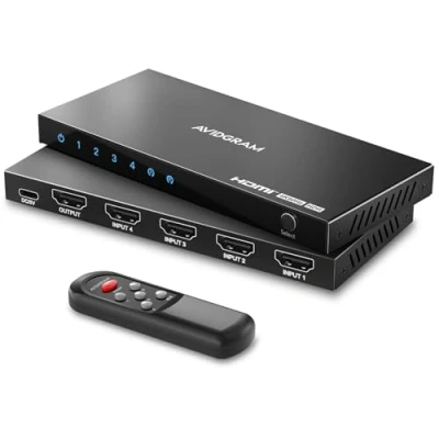 Image de HDMI Switch 4K 60Hz, AVIDGRAM 2.0 Commutateur 4 in 1 Out, Port Selector Box with IR Télécommande Soutien HDCP 2.2 HDR10 3D 18Gbps pour Xbox PS4 Roku HDTV Monitor