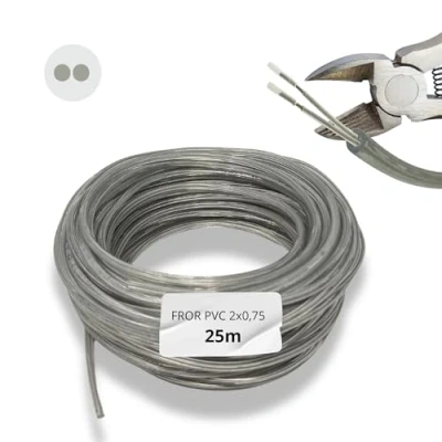 Image de HALOTEC 25 mètres Câble électrique 2 fils 2x0.75 Transparent Polarisé H03VV F Double isolation PVC d&#039;installation rond conducteurs