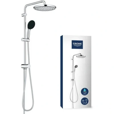 Image de GROHE Vitalio Start System 250 Colonne de Douche avec Inverseur Manuel (Douche Tête Ronde 25cm 2 jets (Pluie/SmartRain), Pommeau Rond 11cm (Pluie/stimulant), Barre 62cm), Economie d&#039;Eau, Chromé, 26680001