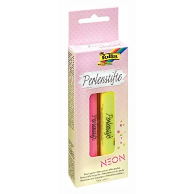 Image de Folia Lot de 2 stylos à perles fluo 30 ml couleur jaune et rose base d&#039;eau pour pastilles 3D sur le papier, textile, bois, la céramique, après séchage l&#039;eau
