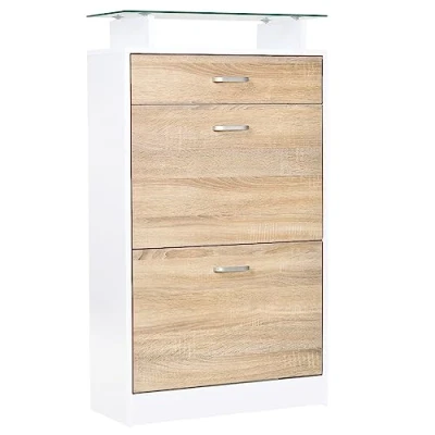 Image de HOMCOM Armoire à Chaussures Meuble Rangement 2 Portes abattantes Compartiments, tiroir, Plateau en Verre Bois chêne Blanc