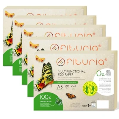 Image de papier recyclé A3 80 g, 750 feuilles 100% fabriquées avec du recyclé, paquet de couleur naturelle adaptée pour imprimante laser et jet d&#039;encre Ofituria (1250 feuilles)
