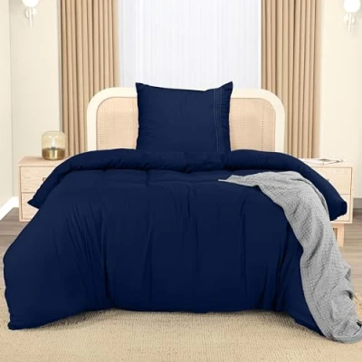Image de Utopia Bedding Housse de Couette 1 Personne 135x200 cm avec Taie d&#039;oreiller Brodée 80x80 (Bleu Marine) Parure lit Ensembles Housses en Microfibre brossée Douce