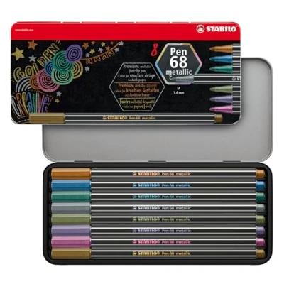 Image de Feutre métallisé STABILO Pen 68 metallic Boîte métal 8 Feutres Pointe Moyenne Coloris Assortis (sans attache)