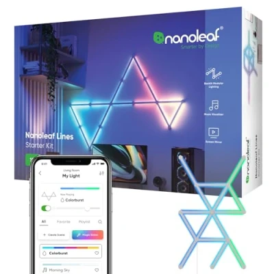 Image de Nanoleaf Lines 60 Degrés Kit de Démarrage, 15 Barres Lumineuses LED RGBW Connectées Appliques Murales Luminaires Intérieur Modulaires Wi Fi 16M Couleurs, Compatible Alexa, pour Salon Chambre Gaming