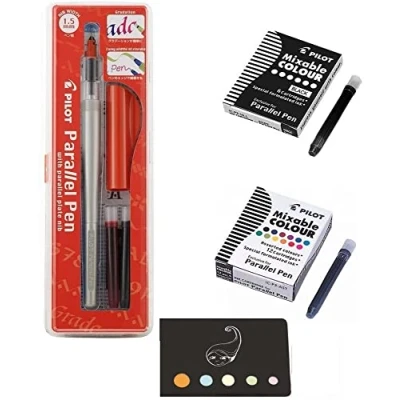 Image de Lot Pilot Parallel Pen 1,5 mm +1 Boîte de 12 Cartouches d&#039;encre Couleurs assorties + 1 6 noires Index Adhésif Blumie