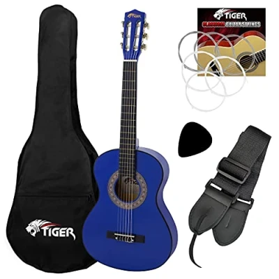 Image de TIGER CLG4 Guitare classique pour enfants gaucher 3/4 espagnole avec sac, cordes de rechange, sangle et médiator, idéal les 9 à 11 ans Bleu