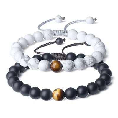 Image de COAI Bracelet Couple Pierres Véritables Onyx Noir Mat Howlite Œil de Tigre Jaune Cordon Ajustable