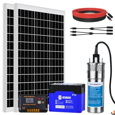 Image de DCHOUSE Kit de pompes à eau solaires profondes, 12 V DC, pompe submersible avec 2 panneaux mono 120 W, batterie 24 Ah et contrôleur 20 A pour fontaine, étang, maison, ferme, acier