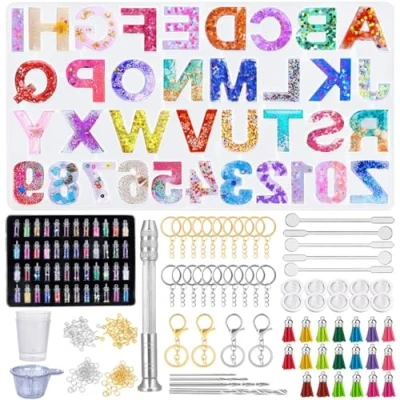 Image de 314 Pièces Kit de Moule en Résine Silicone, Epoxy Alphabet Nombre, Lettre Moules 48 Couleurs Paillette avec Outils, pour Bricolage Bijoux, Porte Clés, Gland Pendentif