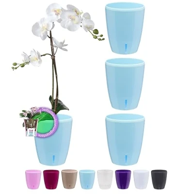 Image de Santino ORCHIDEA Lot de 4 Pots à Orchidée avec Système Mèche et Indicateur Niveau d&#039;eau (Diamètre: 15 cm, 2 L, Bleu)
