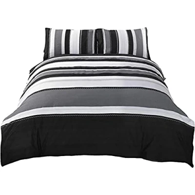 Image de Parure de lit avec housse couette et 2 taies d&#039;oreiller à rayures Rapport, coton polyester, gris, double