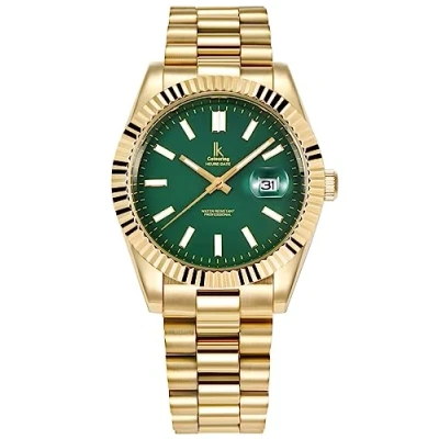 Image de Alienwork Montre Hommes Femmes Or Doree Bracelet en Métal Acier Calendrier Date Vert Classique élégant