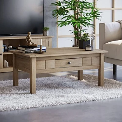 Image de Vida Designs Panama Table Basse Salon Rustique en pin Massif 1 tiroir, Bois, Naturel, Vert Sapin, 60x100x44 cm