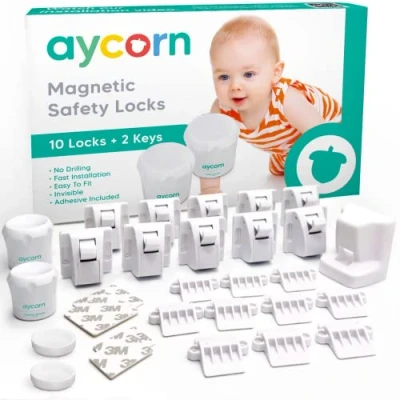 Image de Aycorn Verrous Magnétiques de Sécurité pour Bébés et Enfants, 10 loquets aimantés 2 clés, Bloque Porte Placard Installation rapide sans vis Serrure invisible tiroirs, placards portes