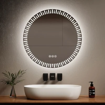 Image de EMKE Miroir Rond Salle de Bain LED rétro éclairé, diamètre 70 cm, avec Anti buée+Interrupteur Tactile+3 Couleurs lumière Variable, décoratif à la Mode,Miroir
