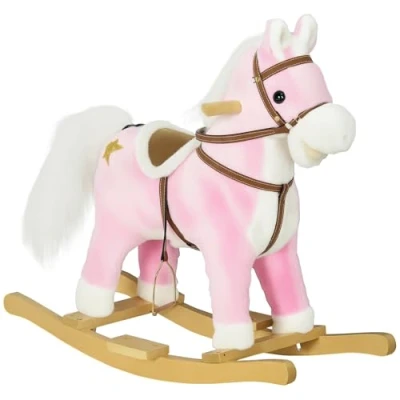 Image de HOMCOM Cheval à Bascule, Animal Bascule pour bébé en Peluche, Chaise Enfant avec Fonction sonore, Repose Pieds, de 3 6 Ans, Bois, Rose