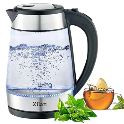 Image de Zilan, Bouilloire en verre et acier inoxydable 2200 W 1,7 l Éclairage LED bleu 360 Filtre anti calcaire Sans BPA Kettle Purificateur d&#039;eau à thé