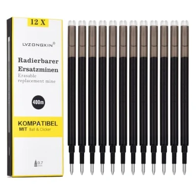 Image de LVZONGXIN recharge 12 PCS, compatible avec Pilot frixion, stylo à bille effaçable 0,7 mm, longueur d&#039;écriture 400 m, interchangeable (noir, 1 pcs)