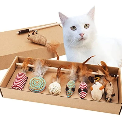 Image de Qanye 7 Pièces Jouets pour Chats, Chat Interactif, Ensemble de Chat, Différents, Utilisé Taquiner et Interagir avec Les Chats
