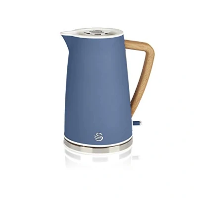 Image de Swan Nordic Bouilloire électrique ultra rapide, sans fil, design moderne, 1,7 l, 2200 W, poignée effet bois, arrêt automatique, bleu mat