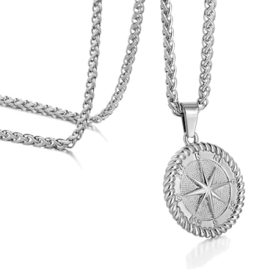 Image de murtoo Chaîne Hommes, Collier avec Pendentif Boussole pour Argent Blé Hommes Femmes, en acier inoxydable Cadeau Femmes 60cm