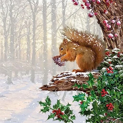 Image de Lot de 20 serviettes table motif écureuil Noël dans l&#039;arbre d&#039;hiver en papier avec Convient également pour le découpage et la technique des 33 x cm