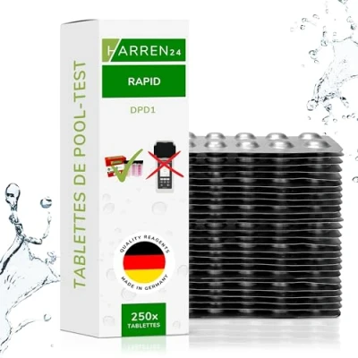 Image de harren24 Pastilles de test (Rapid) Chlore libre DPD1, Oxygène actif DPD4, valeur du pH Phenol Red, Testeur d&#039;eau piscine 50x 100x 250x 500x (DPD1 / 250 Pastilles)