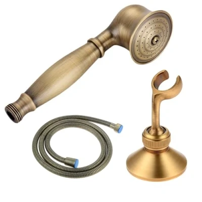 Image de DRELD Lot de 3 douchettes rétro, 1 douchette en laiton avec tuyau 1,5 m et support fixation, ensemble douche rétro doré (doré, tout laiton)