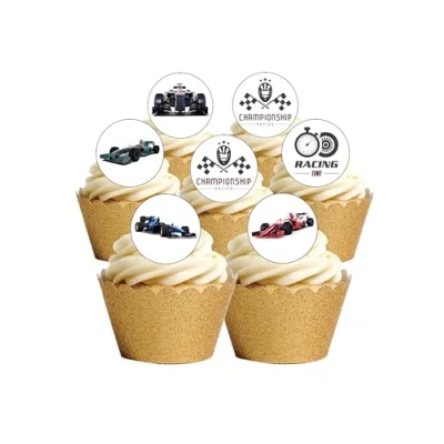 Image de Lot de 24 décorations rondes prédécoupées en papier gaufrette comestible pour gâteaux Thème voitures course Formule 1