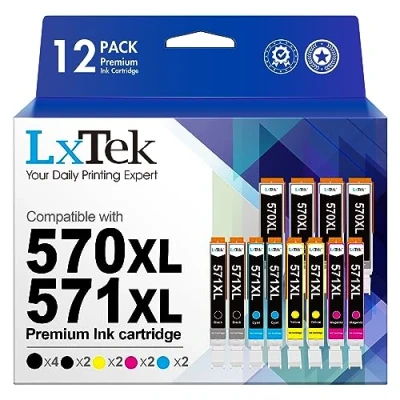 Image de LxTek Compatible Cartouches d&#039;encre Remplacement pour Canon 570 571 XL Pixma MG5750 TS5050 MG5751 MG5752 MG5753 MG6850 MG6851 TS5051 TS5053 TS5055 TS6050 (PGBK Noir Cyan Magenta Jaune, 12 Pack)