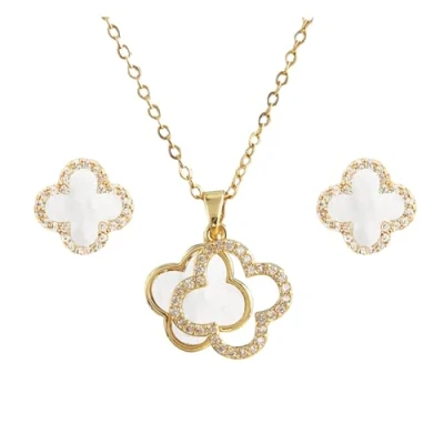 Image de Hanaoops Ensemble de Bijoux Trèfle à Quatre Feuilles pour Femme Fille Acier au Titane Noir Collier Boucles d&#039;oreilles Set Hypoallergénique Parure (Or blanc)